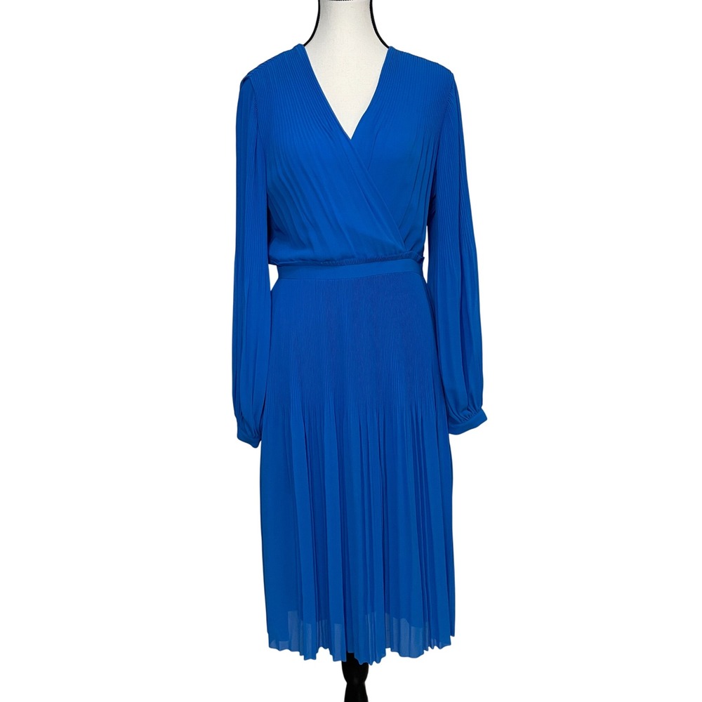Elie Tahari‎ The Aniya Pleated Blouson Midi Dress Long Sleeve V Neck Blue Size 6